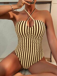 Swim Mod 女士沙滩度假红白条纹褶皱连体泳衣，性感系带 - 彩色 - 查看 4