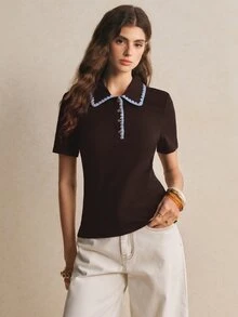 Poéselle 都會時尚女款 Polo 衫，經典對比飾邊設計，百搭休閒上衣，適合日常穿著 - 咖啡棕 - 查看 7