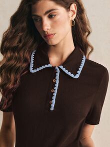 Poéselle 都會時尚女款 Polo 衫，經典對比飾邊設計，百搭休閒上衣，適合日常穿著 - 咖啡棕 - 查看 6
