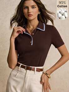 Poéselle 都會時尚女款 Polo 衫，經典對比飾邊設計，百搭休閒上衣，適合日常穿著 - 咖啡棕 - 查看 4