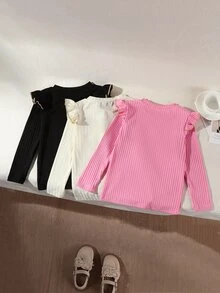 3件組女童秋冬款短袖內搭衫，百搭圓領刺繡愛心長袖T恤上衣 - 彩色 - 查看 2
