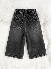 SHEIN 女嬰秋冬黑色丹寧刷毛內裡寬鬆直筒長褲 - 黑色 - 查看 2
