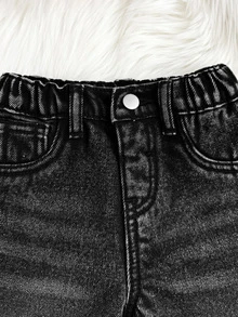 SHEIN 女嬰秋冬黑色丹寧刷毛內裡寬鬆直筒長褲 - 黑色 - 查看 5