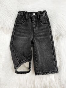 SHEIN 女嬰秋冬黑色丹寧刷毛內裡寬鬆直筒長褲 - 黑色 - 查看 4
