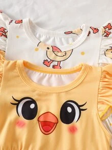 Souflis Souflis 2件裝夏季女嬰洋裝，黃色荷葉袖小鴨印花設計洋裝 - 黃色 - 查看 6