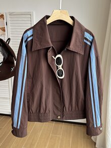 Comfortcana Women's Plus Size Autumn Casual Sport Smart Casual Colorblock Striped Jacket Fall Teacher Formal Brown - Brown - View 8