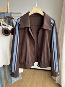 Comfortcana Women's Plus Size Autumn Casual Sport Smart Casual Colorblock Striped Jacket Fall Teacher Formal Brown - Brown - View 5