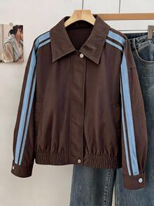 Comfortcana Women's Plus Size Autumn Casual Sport Smart Casual Colorblock Striped Jacket Fall Teacher Formal Brown - Brown - View 1