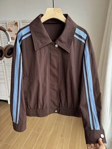 Comfortcana Women's Plus Size Autumn Casual Sport Smart Casual Colorblock Striped Jacket Fall Teacher Formal Brown - Brown - View 4