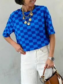 DrmWander 女款克萊因藍棋盤格印花圓領短袖T恤，休閒落肩寬鬆街頭風基礎款，適合夏季度假Y2K - 彩色 - 查看 4