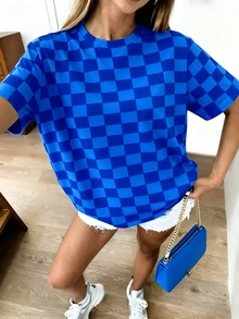 DrmWander 女款克萊因藍棋盤格印花圓領短袖T恤，休閒落肩寬鬆街頭風基礎款，適合夏季度假Y2K - 彩色 - 查看 5