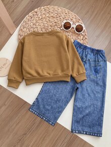 SHEIN طقم سويتشيرت وبنطلون بنقشة زهور كاجوال لطيف للبنات الصغيرات لفصل الخريف/الشتاء - بني - مشاهدة 2