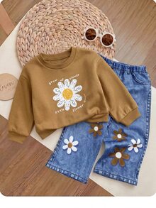 SHEIN طقم سويتشيرت وبنطلون بنقشة زهور كاجوال لطيف للبنات الصغيرات لفصل الخريف/الشتاء - بني - مشاهدة 4