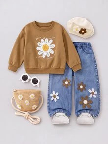 SHEIN طقم سويتشيرت وبنطلون بنقشة زهور كاجوال لطيف للبنات الصغيرات لفصل الخريف/الشتاء - بني - مشاهدة 1