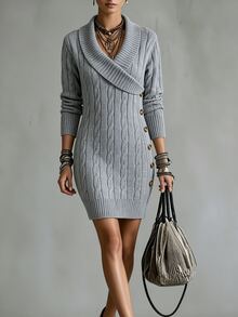 SHEIN Women's Autumn/Winter French Style Cross Collar Knitted Sweater Dress, Long Sleeve Cable Knit Slim Fit Mini Dress With Side Metal Buckle, Elegant Flattering Short Knit Dress - Light Grey - View 3