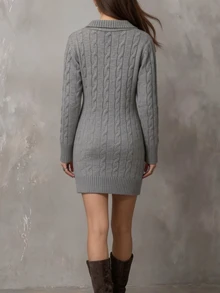 SHEIN Women's Autumn/Winter French Style Cross Collar Knitted Sweater Dress, Long Sleeve Cable Knit Slim Fit Mini Dress With Side Metal Buckle, Elegant Flattering Short Knit Dress - Light Grey - View 2