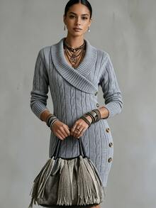 SHEIN Women's Autumn/Winter French Style Cross Collar Knitted Sweater Dress, Long Sleeve Cable Knit Slim Fit Mini Dress With Side Metal Buckle, Elegant Flattering Short Knit Dress - Light Grey - View 5