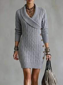 SHEIN Women's Autumn/Winter French Style Cross Collar Knitted Sweater Dress, Long Sleeve Cable Knit Slim Fit Mini Dress With Side Metal Buckle, Elegant Flattering Short Knit Dress - Light Grey - View 6