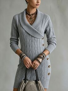 SHEIN Women's Autumn/Winter French Style Cross Collar Knitted Sweater Dress, Long Sleeve Cable Knit Slim Fit Mini Dress With Side Metal Buckle, Elegant Flattering Short Knit Dress - Light Grey - View 1