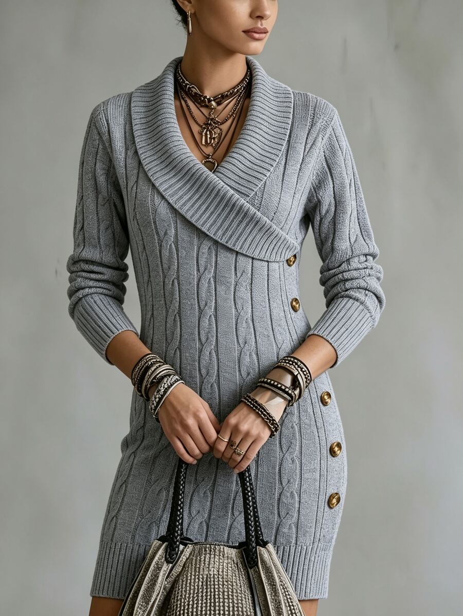 SHEIN Women's Autumn/Winter French Style Cross Collar Knitted Sweater Dress, Long Sleeve Cable Knit Slim Fit Mini Dress With Side Metal Buckle, Elegant Flattering Short Knit Dress - Light Grey - View 1