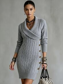 SHEIN Women's Autumn/Winter French Style Cross Collar Knitted Sweater Dress, Long Sleeve Cable Knit Slim Fit Mini Dress With Side Metal Buckle, Elegant Flattering Short Knit Dress - Light Grey - View 4
