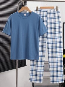 男童短袖上衣與長褲格紋睡衣套裝，簡約日系休閒通勤居家風 - 藍色 - 查看 1