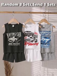 [3 Sets Randomly Sent 1 Set] Little Boy Round Neck Tank Top And Shorts 2-Piece Set, Toddler Boy Cycling Racing Print Casual Minimalist Beach Outing Party Travel Versatile Vacation Street Style, Suitable For Outdoor Sports Daily Wear, Spring Summer Autumn - White - View 6