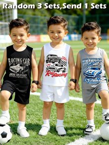 [3 Sets Randomly Sent 1 Set] Little Boy Round Neck Tank Top And Shorts 2-Piece Set, Toddler Boy Cycling Racing Print Casual Minimalist Beach Outing Party Travel Versatile Vacation Street Style, Suitable For Outdoor Sports Daily Wear, Spring Summer Autumn - White - View 2