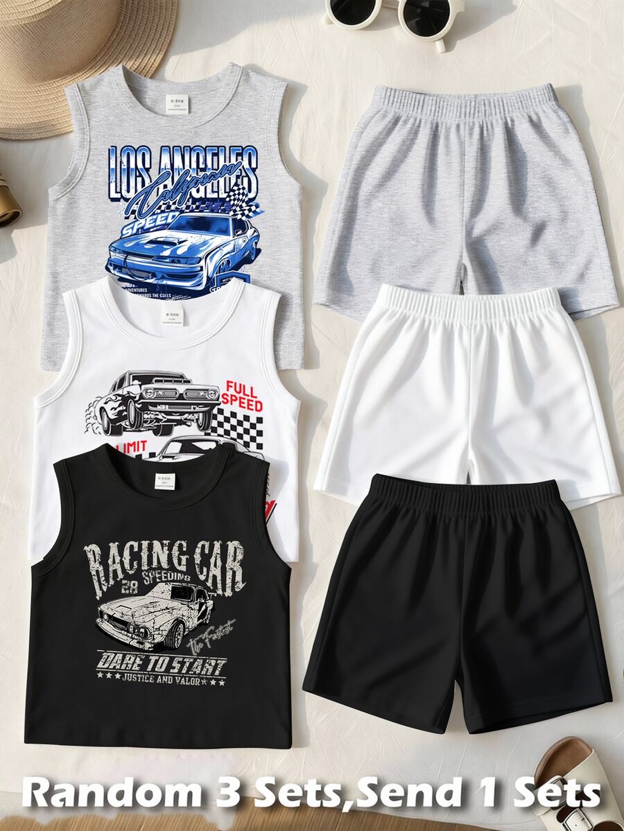 [3 Sets Randomly Sent 1 Set] Little Boy Round Neck Tank Top And Shorts 2-Piece Set, Toddler Boy Cycling Racing Print Casual Minimalist Beach Outing Party Travel Versatile Vacation Street Style, Suitable For Outdoor Sports Daily Wear, Spring Summer Autumn - White - View 1