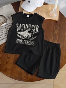 [3 Sets Randomly Sent 1 Set] Little Boy Round Neck Tank Top And Shorts 2-Piece Set, Toddler Boy Cycling Racing Print Casual Minimalist Beach Outing Party Travel Versatile Vacation Street Style, Suitable For Outdoor Sports Daily Wear, Spring Summer Autumn - White - View 8