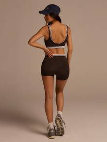 Fluxe Women Dark Brown Sports Bra High Waist Shorts Set White Stripe Trim Push Up Seamless Gym Workout Pilates Yoga Running Summer Athletic Gym Set - Brown - View 8