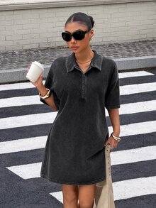 Muchica Women's Black Washed-Effect Knit Mini Dress With Partial Button Placket Elegant Party Dresses For Women Casual Dresses For Wome Black Dress - Black - View 4