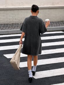 Muchica Women's Black Washed-Effect Knit Mini Dress With Partial Button Placket Elegant Party Dresses For Women Casual Dresses For Wome Black Dress - Black - View 2