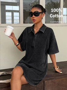 Muchica Women's Black Washed-Effect Knit Mini Dress With Partial Button Placket Elegant Party Dresses For Women Casual Dresses For Wome Black Dress - Black - View 3