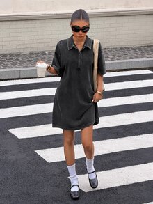 Muchica Women's Black Washed-Effect Knit Mini Dress With Partial Button Placket Elegant Party Dresses For Women Casual Dresses For Wome Black Dress - Black - View 6