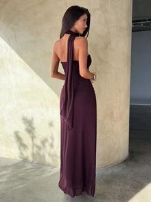Aloruh 女款優雅性感深紫色修身網紗長洋裝，波浪領，適合派對、正式場合、返校日、婚禮賓客，夏季穿著 - 酒紅色 - 查看 6