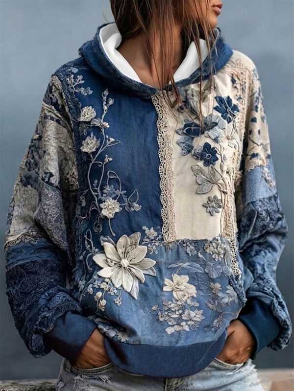 Breezaya Vintage blå 3D blomsterbroderi grafisk hættetrøje til kvinder i plus size, boho blonde patchwork langærmet vasket blå hættetrøje, efterårsoutfit