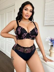 SHEIN 大码女士 2 件浪漫蕾丝文胸套装，简约休闲文胸 + 内裤套装，提升 - 彩色 - 查看 1