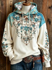 SHEIN 女款花卉印花落肩長袖休閒抽繩連帽衛衣 - 彩色 - 查看 3