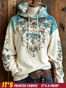 SHEIN 女款花卉印花落肩長袖休閒抽繩連帽衛衣 - 彩色 - 查看 1