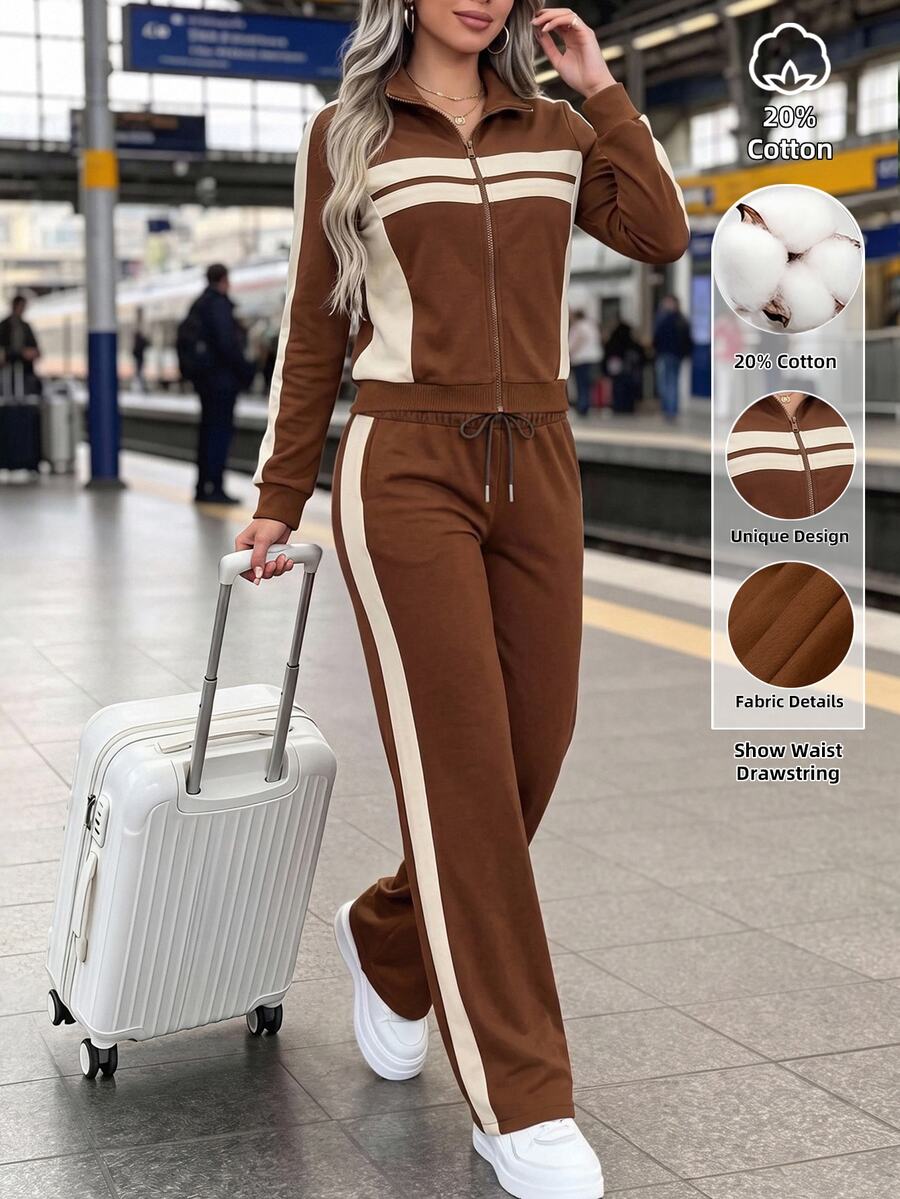 SHEIN LUNE Women's Colorblock Zipper Patchwork Long Sleeve Top And Pants Casual Everyday Set