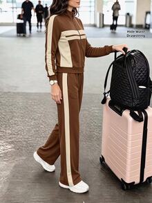 SHEIN LUNE Women's Colorblock Zipper Patchwork Long Sleeve Top And Pants Casual Everyday Set - Brown - View 9