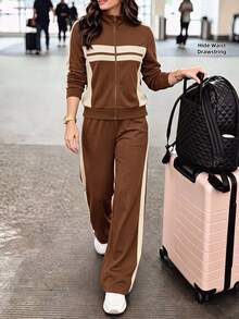 SHEIN LUNE Women's Colorblock Zipper Patchwork Long Sleeve Top And Pants Casual Everyday Set - Brown - View 4