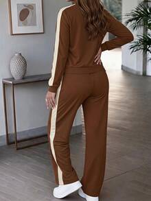 SHEIN LUNE Women's Colorblock Zipper Patchwork Long Sleeve Top And Pants Casual Everyday Set - Brown - View 3