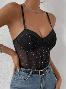 Allurite Rhinestone Detail Bustier Mesh Cami Bodysuit - Black - View 5