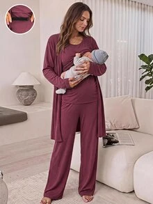 Slowluna Maternity Solid Color Tank Top, Pants, Jacket Nursing Set Fall - Burgundy - View 2