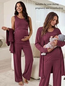 Slowluna Maternity Solid Color Tank Top, Pants, Jacket Nursing Set Fall - Burgundy - View 3