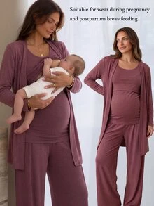 Slowluna Maternity Solid Color Tank Top, Pants, Jacket Nursing Set Fall - Burgundy - View 1