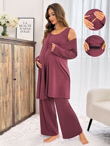 Slowluna Maternity Solid Color Tank Top, Pants, Jacket Nursing Set Fall - Burgundy - View 5