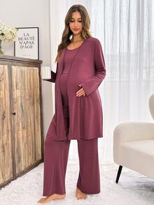 Slowluna Maternity Solid Color Tank Top, Pants, Jacket Nursing Set Fall - Burgundy - View 7